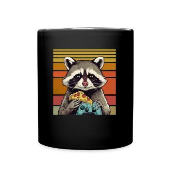 Funny Raccoon Gaming Pizza Gamer Gamer Gaming - Full Colour Mug - black - Front