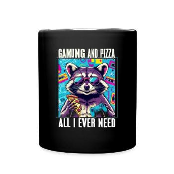 Funny Raccoon Gaming Pizza Gamer Gamer Gaming - Full Colour Mug - black - Front