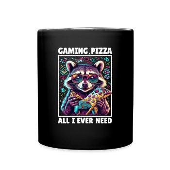 Funny Raccoon Gaming Pizza Gamer Gamer Gaming - Full Colour Mug - black - Front