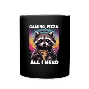 Funny Raccoon Gaming Pizza Gamer Gamer Gaming - Full Colour Mug - black - Front