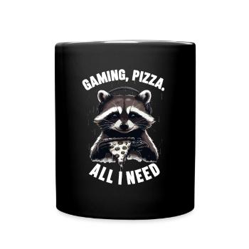 Funny Raccoon Gaming Pizza Gamer Gamer Gaming - Full Colour Mug - black - Front