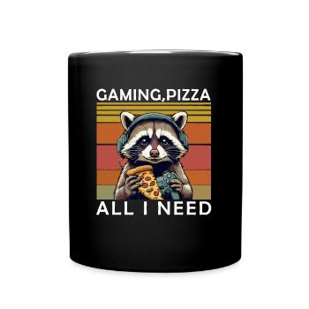 Funny Raccoon Gaming Pizza Gamer Gamer Gaming - Full Colour Mug - black - Front