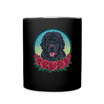 Mignon dessin animé Terre-Neuve chien avec des roses - Mug uni - noir - Devant