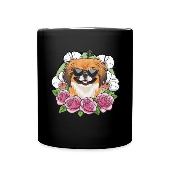 Cartoon Pekinese mit Orchideen und Rosen - Tasse einfarbig - Schwarz - Vorne