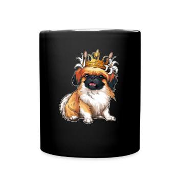 Niedlicher Pekinese mit Krone und Lillien - Tasse einfarbig - Schwarz - Vorne