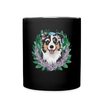 Australischer Schäferhund Motiv mit Flieder - Tasse einfarbig - Schwarz - Vorne