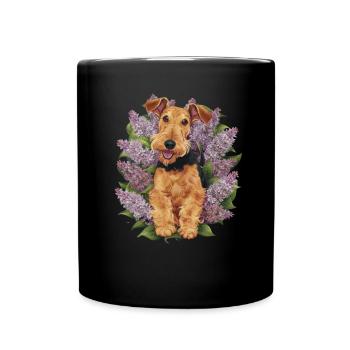 Cute Airedale Terrier with lilac - Full Colour Mug - black - Front