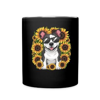 Staffordshire Bull Terrier mit Sonnenblumen - Tasse einfarbig - Schwarz - Vorne