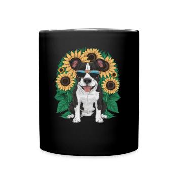 Staffordshire Bull Terrier mit Sonnenblumen - Tasse einfarbig - Schwarz - Vorne
