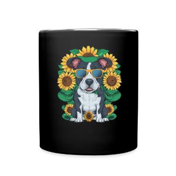 Staffordshire Bull Terrier mit Sonnenblumen - Tasse einfarbig - Schwarz - Vorne