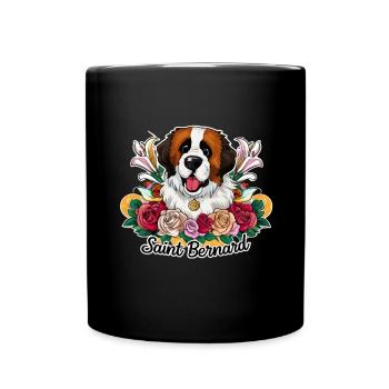 Bernhardiner Cartoon Hund mit Rosen und Lillien - Tasse einfarbig - Schwarz - Vorne