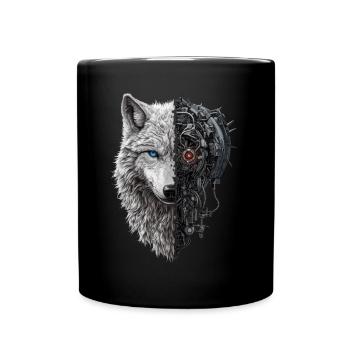 Funny Robot Art Wolf Cyborg Animal AI Wolf - Full Colour Mug - black - Front