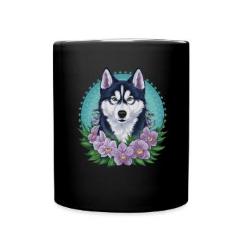 Süßer Cartoon Husky mit hübschen Orchideen - Tasse einfarbig - Schwarz - Vorne