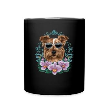 Norfolk Terrier mit Sonnenbrille und Orchideen - Tasse einfarbig - Schwarz - Vorne