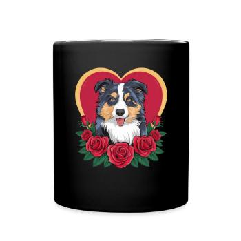 Cartoon Australian Shepherd Dog with Roses - Full Colour Mug - black - Front