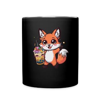 Kawaii Fuchs mit Bubble Tea - Tasse einfarbig - Schwarz - Vorne