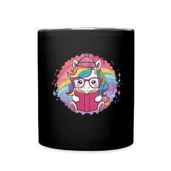 Kawaii Einhorn mit Brille und Buch - Tasse einfarbig - Schwarz - Vorne