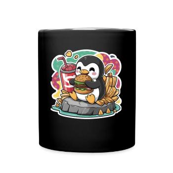 Pinguin mit Softdrink, Burger, French Frites - Tasse einfarbig - Schwarz - Vorne