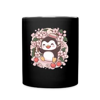 Cartoon Kawaii Pinguin mit Kirschen - Tasse einfarbig - Schwarz - Vorne