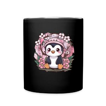 Cartoon Kawaii Pinguin mit Kirschen - Tasse einfarbig - Schwarz - Vorne