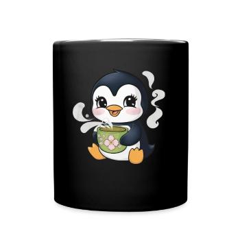 Cartoon Kawaii Pinguin mit grünem Tee - Tasse einfarbig - Schwarz - Vorne