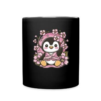Cartoon Kawaii Pinguin mit Kirschen - Tasse einfarbig - Schwarz - Vorne