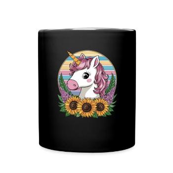 Kawaii Einhorn mit Sonnenblumen und Flieder - Tasse einfarbig - Schwarz - Vorne