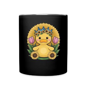 Kawaii duck with crown, tulips and sunflowers - Full Colour Mug - black - Front