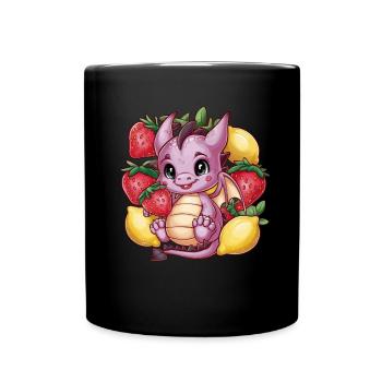Cartoon Kawaii Dragon with Lemons and Strawberries - Full Colour Mug - black - Front