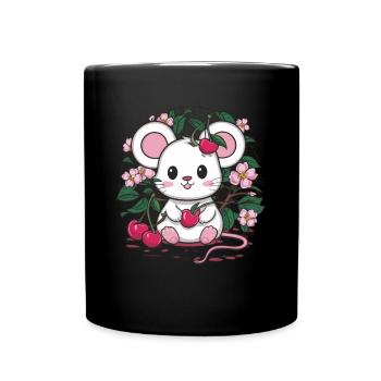 Mouse with cherries and sakura cherry blossoms - Full Colour Mug - black - Front
