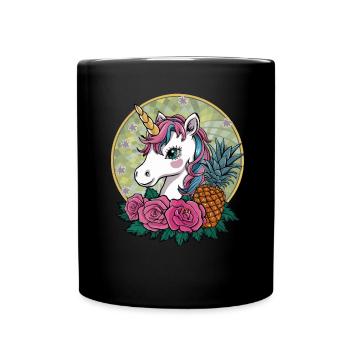 Licorne Kawaii Mignon Dessin Animé avec Roses & Ananas - Mug uni - noir - Devant