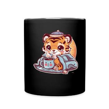 Kawaii Tiger with Cup and Blanket - Full Colour Mug - black - Front