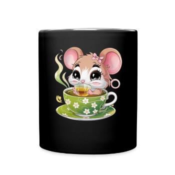 Cartoon Kawaii Mouse Drinking Green Tea - Full Colour Mug - black - Front