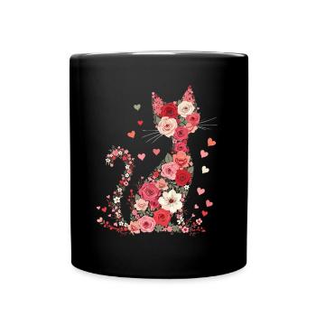Blumen Katze für Katzen Besitzer und Valentinstag - Tasse einfarbig - Schwarz - Vorne