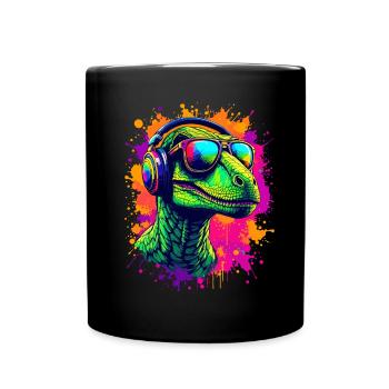 Velociraptor DJ Dino Fans Neon Graffiti Style - Full Colour Mug - black - Front