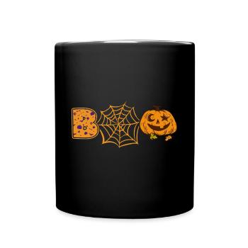 Lustiges Boo mit Kürbis & Spinnennetz - Tasse einfarbig - Schwarz - Vorne