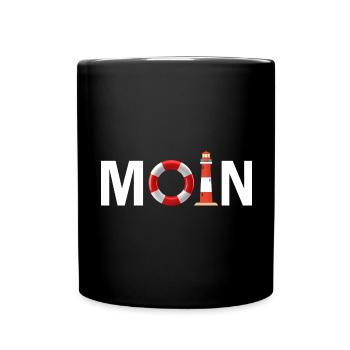 Moin mit dem Rettungsring und dem Leuchtturm Moin - Tasse einfarbig - Schwarz - Vorne