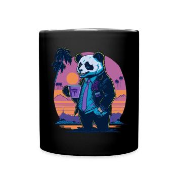 80's Illustration eines Pandas mit Kaffeetasse - Tasse einfarbig - Schwarz - Vorne
