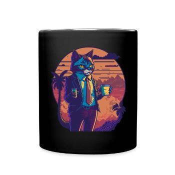 80's Illustration eines Pandas mit Kaffeetasse - Tasse einfarbig - Schwarz - Vorne