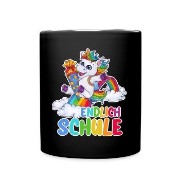 "Endlich Schule!" Einhorn Schulkind mit Zuckertüte - Tasse einfarbig - Schwarz - Vorne