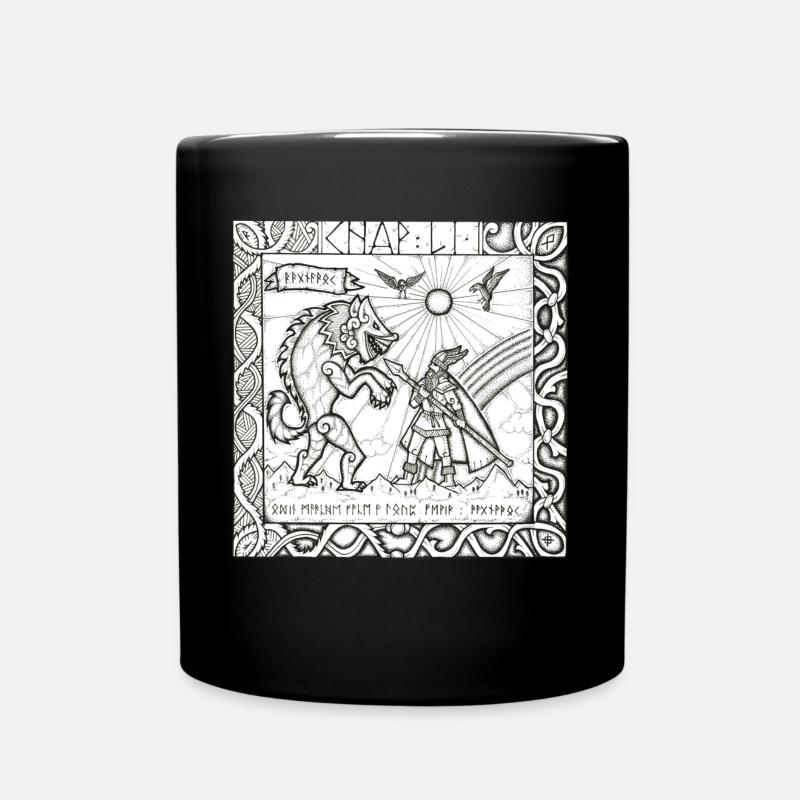 The God Odin against the wolf Fenrir - Full Colour Mug - black