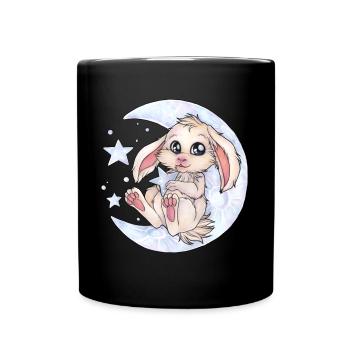 Häschen niedlicher Hase auf Mond mit Sternen - Tasse einfarbig - Schwarz - Vorne