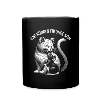 Katze und Maus in Freundschaft Frieden und Liebe - Tasse einfarbig - Schwarz - Vorne