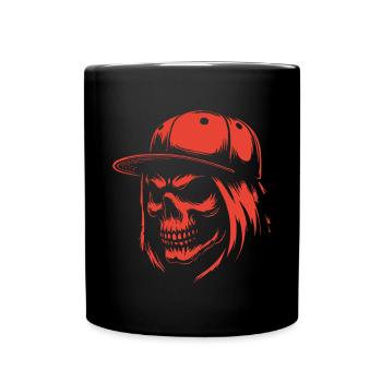 Cool skull with long hair and baseball cap - Full Colour Mug - black - Front
