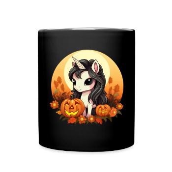 Autumn Halloween unicorn with pumpkin at the - Full Colour Mug - black - Front
