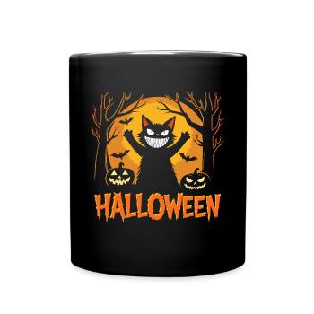 Halloween Katze - Kürbis - Grinsen - Gruselig - Tasse einfarbig - Schwarz - Vorne