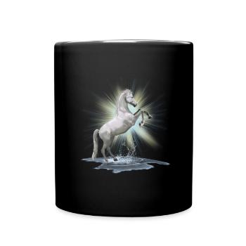 Pferde Shirt - weißes Pferd , Schimmel - Tasse einfarbig - Schwarz - Vorne
