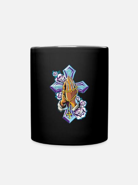 Croix mains priant le chapelet - Mug uni - noir