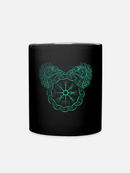 Nordic symbol Viking Fenrir and Vegvisir dotwork - Full Colour Mug - black