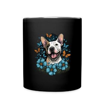 Cheerful Bull Terrier with flowers and butterfly - Full Colour Mug - black - Front